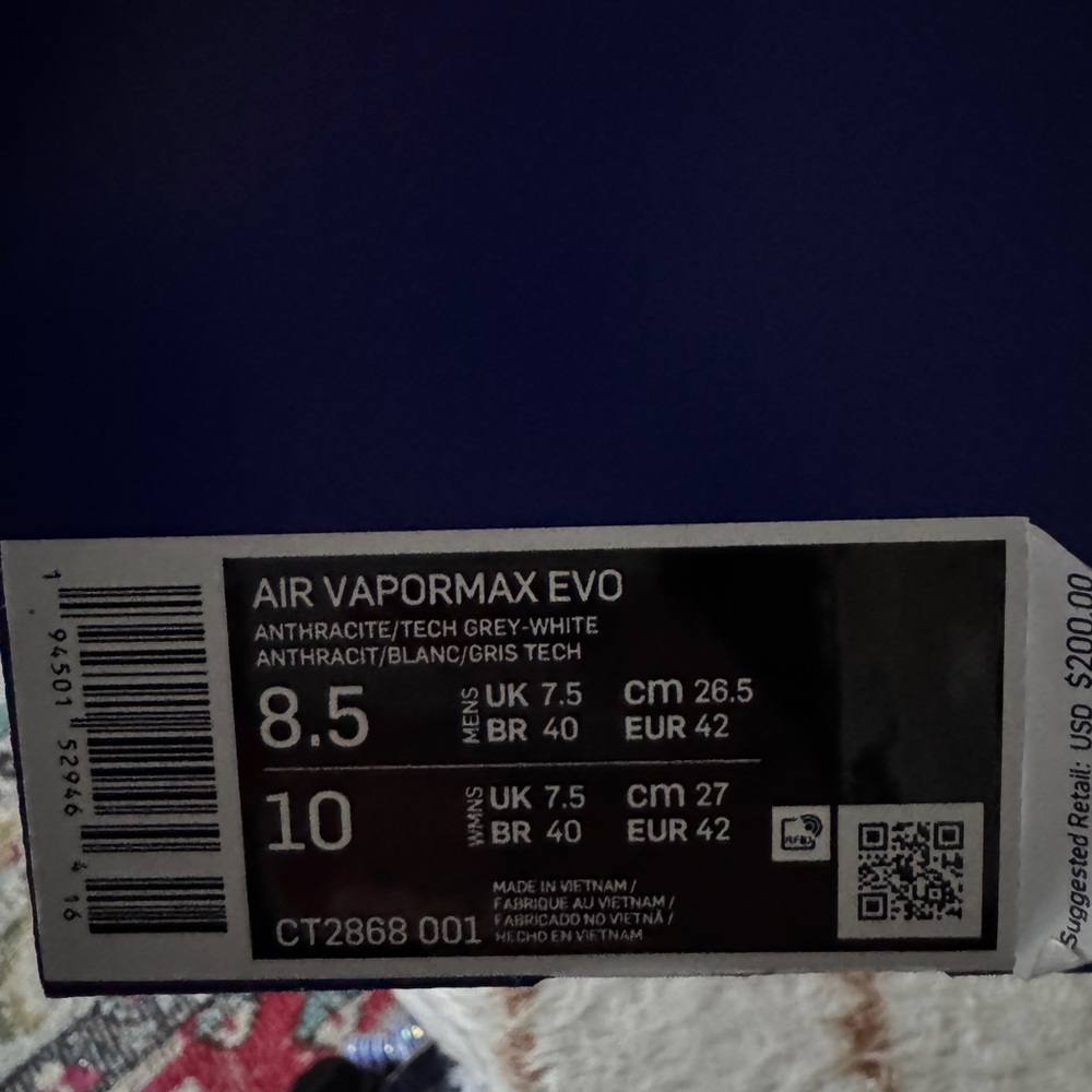 Nike Air Vapormax Evo Sneakers Anthracite White Athletic Shoes 8.5 M / 10 W - Picture 4 of 7